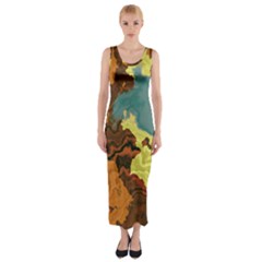 Map Geography World Yellow Fitted Maxi Dress