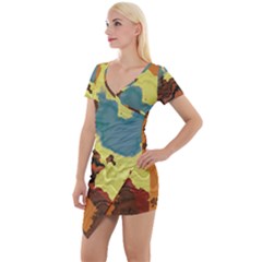 Map Geography World Yellow Short Sleeve Asymmetric Mini Dress