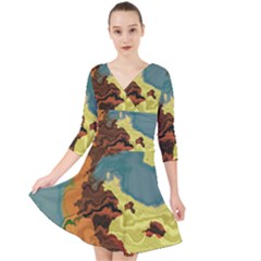 Map Geography World Yellow Quarter Sleeve Front Wrap Dress