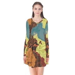 Map Geography World Yellow Long Sleeve V-neck Flare Dress by HermanTelo