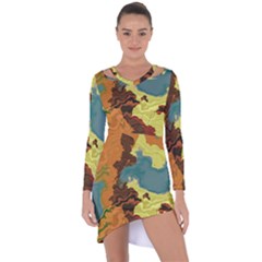 Map Geography World Yellow Asymmetric Cut-out Shift Dress