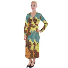 Map Geography World Yellow Velvet Maxi Wrap Dress