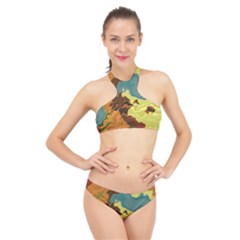 Map Geography World Yellow High Neck Bikini Set