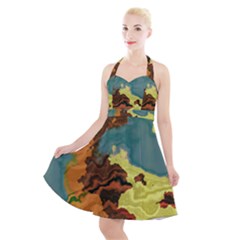 Map Geography World Yellow Halter Party Swing Dress 