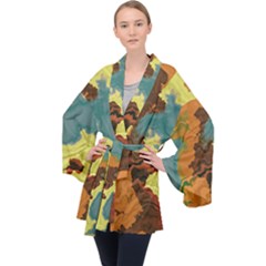 Map Geography World Yellow Velvet Kimono Robe