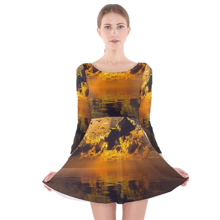 Sunset Reflection Birds Clouds Sky Long Sleeve Velvet Skater Dress