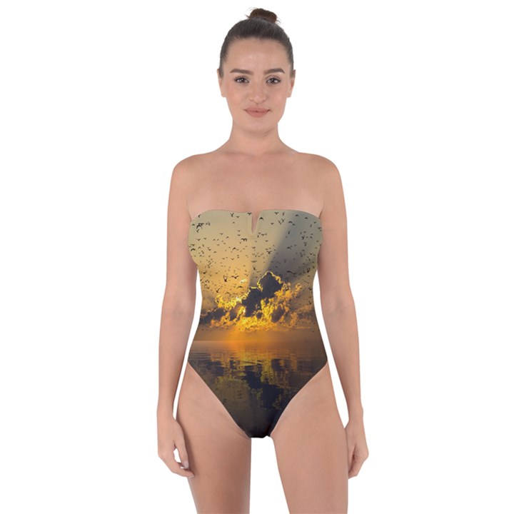 Sunset Reflection Birds Clouds Sky Tie Back One Piece Swimsuit