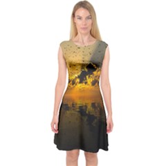 Sunset Reflection Birds Clouds Sky Capsleeve Midi Dress by HermanTelo