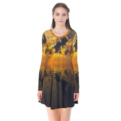 Sunset Reflection Birds Clouds Sky Long Sleeve V-neck Flare Dress