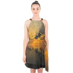 Sunset Reflection Birds Clouds Sky Halter Collar Waist Tie Chiffon Dress