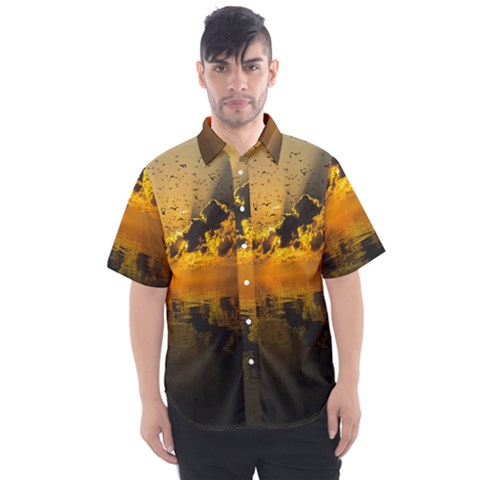 Sunset Reflection Birds Clouds Sky Men s Short Sleeve Shirt by HermanTelo