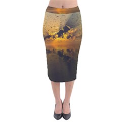 Sunset Reflection Birds Clouds Sky Velvet Midi Pencil Skirt