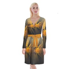 Sunset Reflection Birds Clouds Sky Long Sleeve Velvet Front Wrap Dress