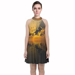 Sunset Reflection Birds Clouds Sky Velvet Halter Neckline Dress 