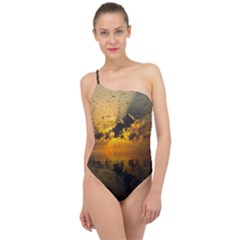 Sunset Reflection Birds Clouds Sky Classic One Shoulder Swimsuit by HermanTelo