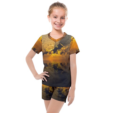 Sunset Reflection Birds Clouds Sky Kids  Mesh Tee And Shorts Set by HermanTelo