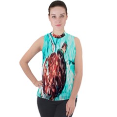 Tortoise Marine Animal Shell Sea Mock Neck Chiffon Sleeveless Top