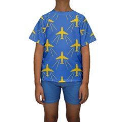 Aircraft Texture Blue Yellow Kids  Short Sleeve Swimwear