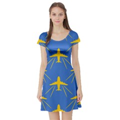 Aircraft Texture Blue Yellow Short Sleeve Skater Dress