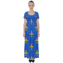 Aircraft Texture Blue Yellow High Waist Short Sleeve Maxi Dress by HermanTelo