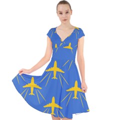 Aircraft Texture Blue Yellow Cap Sleeve Front Wrap Midi Dress by HermanTelo