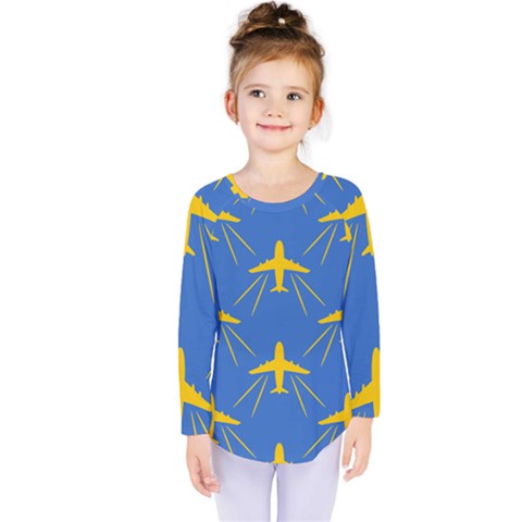 Aircraft Texture Blue Yellow Kids  Long Sleeve Tee by HermanTelo