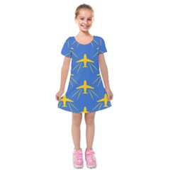 Aircraft Texture Blue Yellow Kids  Short Sleeve Velvet Dress