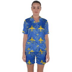 Aircraft Texture Blue Yellow Satin Short Sleeve Pyjamas Set by HermanTelo