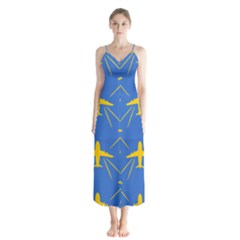 Aircraft Texture Blue Yellow Button Up Chiffon Maxi Dress