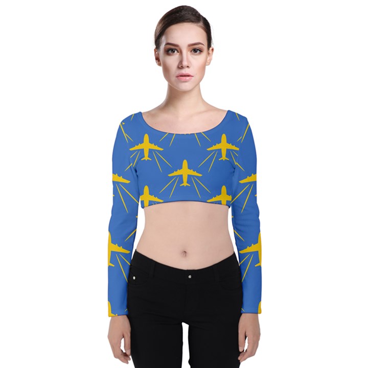 Aircraft Texture Blue Yellow Velvet Long Sleeve Crop Top