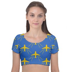 Aircraft Texture Blue Yellow Velvet Short Sleeve Crop Top  by HermanTelo