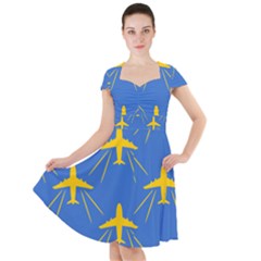 Aircraft Texture Blue Yellow Cap Sleeve Midi Dress