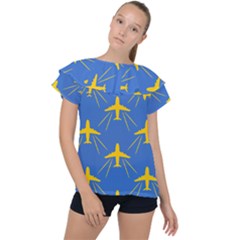 Aircraft Texture Blue Yellow Ruffle Collar Chiffon Blouse