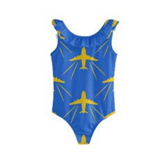 Aircraft Texture Blue Yellow Kids  Frill Swimsuit