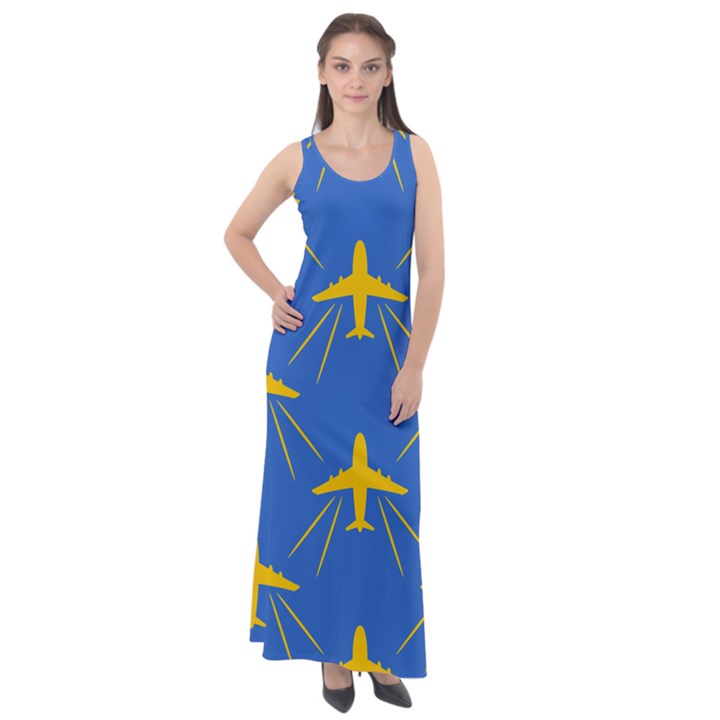 Aircraft Texture Blue Yellow Sleeveless Velour Maxi Dress