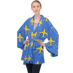 Aircraft Texture Blue Yellow Velvet Kimono Robe by HermanTelo