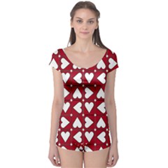 Graphic Heart Pattern Red White Boyleg Leotard 