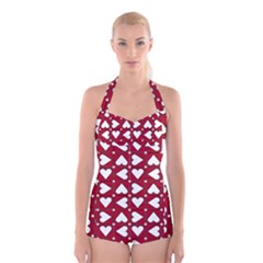 Graphic Heart Pattern Red White Boyleg Halter Swimsuit 