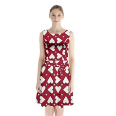 Graphic Heart Pattern Red White Sleeveless Waist Tie Chiffon Dress