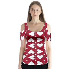 Graphic Heart Pattern Red White Butterfly Sleeve Cutout Tee 