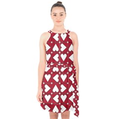 Graphic Heart Pattern Red White Halter Collar Waist Tie Chiffon Dress