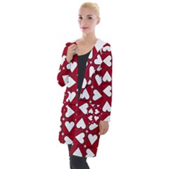 Graphic Heart Pattern Red White Hooded Pocket Cardigan