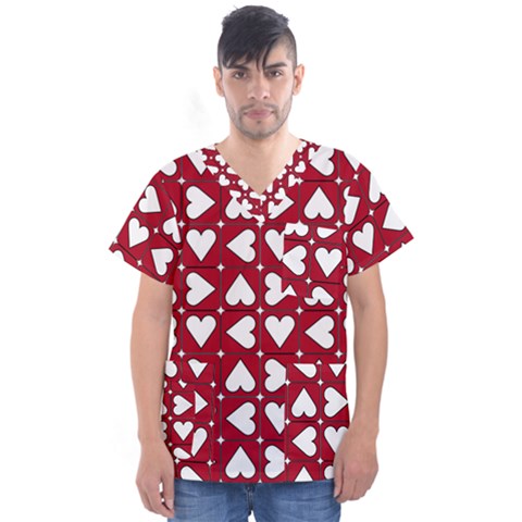 Graphic Heart Pattern Red White Men s V-neck Scrub Top by HermanTelo