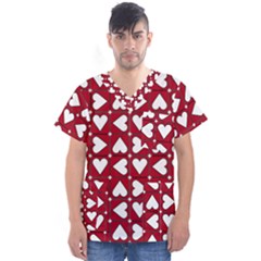 Graphic Heart Pattern Red White Men s V-neck Scrub Top