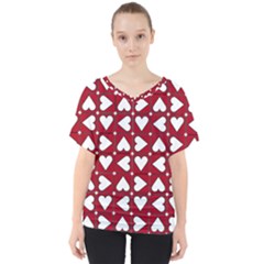 Graphic Heart Pattern Red White V-neck Dolman Drape Top by HermanTelo