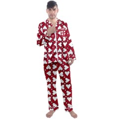 Graphic Heart Pattern Red White Men s Satin Pajamas Long Pants Set