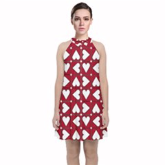 Graphic Heart Pattern Red White Velvet Halter Neckline Dress 