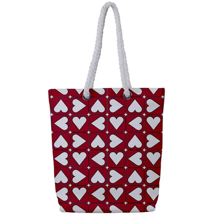 Graphic Heart Pattern Red White Full Print Rope Handle Tote (Small)