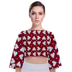 Graphic Heart Pattern Red White Tie Back Butterfly Sleeve Chiffon Top