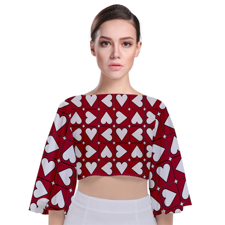 Graphic Heart Pattern Red White Tie Back Butterfly Sleeve Chiffon Top